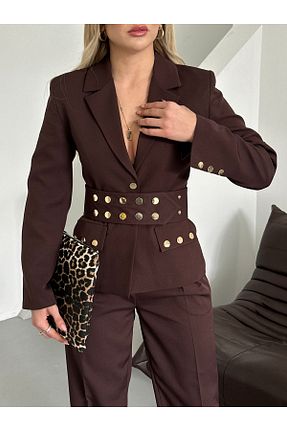 کت و شلوار قهوه ای زنانه یقه کتی HOEK - کد 898328148