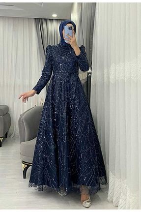 لباس مجلسی حجاب سرمه ای زنانه یقه ایستاده İnci - کد 899425430