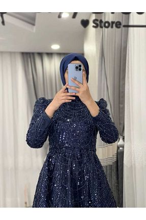 لباس مجلسی حجاب سرمه ای زنانه یقه ایستاده İnci - کد 899425430