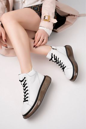 بوت / نیم بوت سفید زنانه چرم خالص Deripabuc - کد 899646429