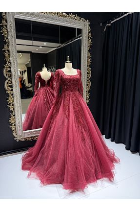 لباس عروس زرشکی زنانه توری Belinay - کد 899833564