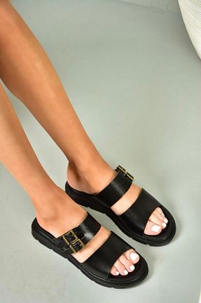 دمپائی مشکی زنانه چرم خالص Fox Shoes - کد 899172661