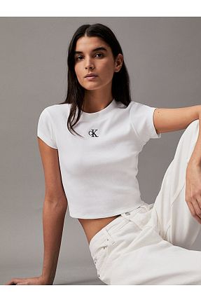 تیشرت سفید زنانه یقه دوچرخه Calvin Klein - کد 280298664