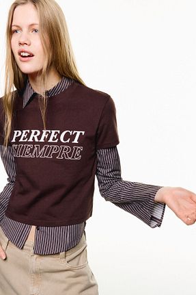تیشرت قهوه ای زنانه یقه دگاژه Bershka - کد 900084965