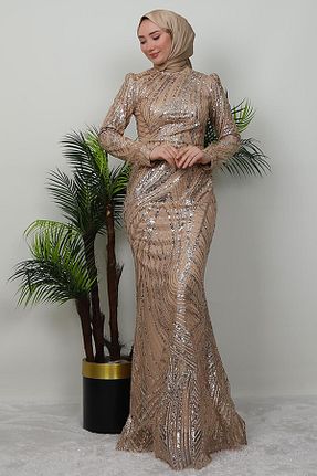 لباس مجلسی حجاب طلائی زنانه یقه ایستاده GİZ AGİYİM - کد 900152681