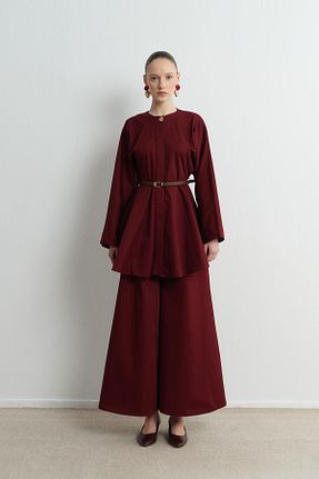 ست بالاتنه و پائین تنه زرشکی زنانه بافتنی Ahel Tasarım - کد 900305323