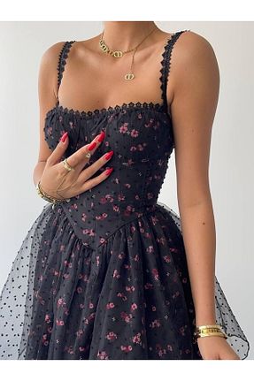 لباس مجلسی و فارغ التحصیلی مشکی زنانه توری ETİKAFASHION - کد 900378905