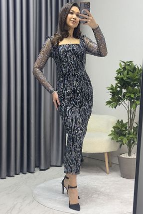لباس مجلسی و فارغ التحصیلی طوسی زنانه بافتنی Elbise Delisi - کد 900610069