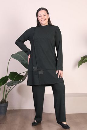ست بالاتنه و پائین تنه سایز بزرگ خاکی زنانه بافتنی Ferace - کد 788584040