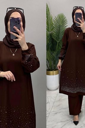 ست بالاتنه و پائین تنه حجاب قهوه ای زنانه سایز بزرگ Mercan - کد 897519045
