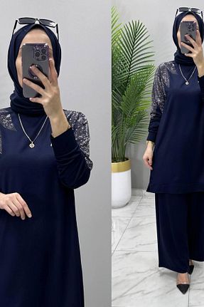 ست بالاتنه و پائین تنه حجاب سرمه ای زنانه سایز بزرگ Mercan - کد 897519171