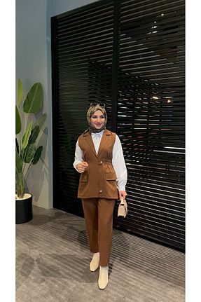 ست بالاتنه و پائین تنه قهوه ای زنانه بافتنی İpli - کد 900567937