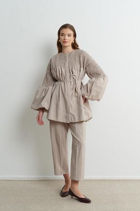 ست بالاتنه و پائین تنه بژ زنانه بافتنی Ahel Tasarım - کد 900305365