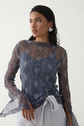 بلوز سرمه ای زنانه طرح دار Setre - کد 900559147