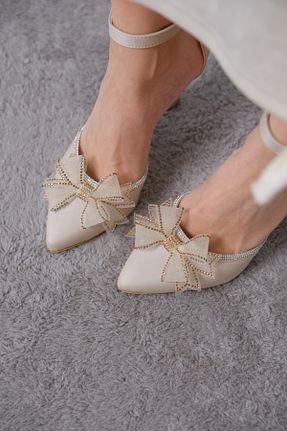 کفش پاشنه بلند کلاسیک بژ زنانه ساتن Moda Değirmeni - کد 900831521