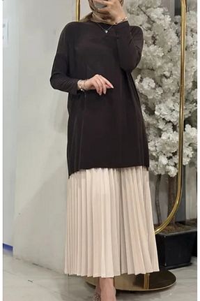 تونیک حجاب قهوه ای زنانه مخلوط ویسکون NİSUM MODA - کد 890953550