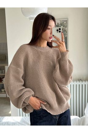 پلیور بژ زنانه اورسایز Dier Moda - کد 810265494