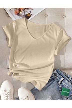 تیشرت بژ زنانه یقه هفت Cosmo Style - کد 900383004