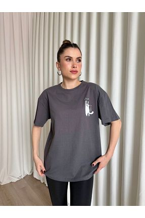 تیشرت طوسی زنانه گشاد Butik - کد 900607159