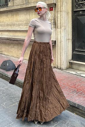 دامن قهوه ای زنانه ساتن Neşeli Butik - کد 900628913