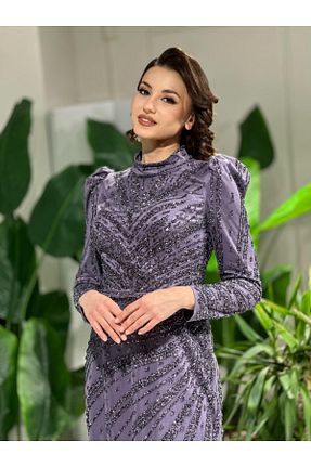 لباس مجلسی حجاب بنفش زنانه یقه ایستاده Hennin - کد 891732651
