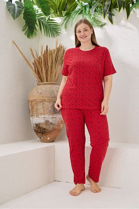 ست لباس راحتی سایز بزرگ قرمز زنانه Kalp pijamacity - کد 900814770