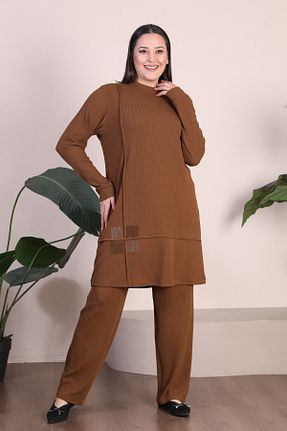 ست بالاتنه و پائین تنه سایز بزرگ قهوه ای زنانه بافتنی Ferace - کد 788584405