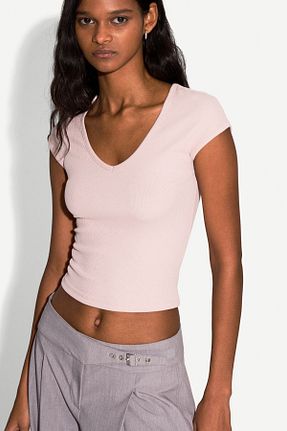 تیشرت صورتی زنانه یقه دگاژه Bershka - کد 901143832