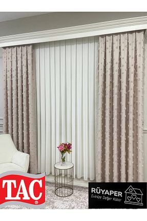 پرده زمینه بژ کتان Taç - کد 901216757