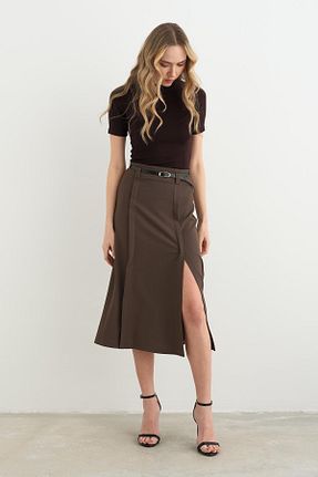 دامن قهوه ای زنانه ساده Qutu Butik - کد 901531938