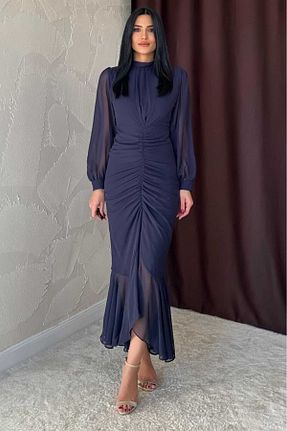 لباس مجلسی و فارغ التحصیلی سرمه ای زنانه شیفون MODA DURAĞI - کد 901599203