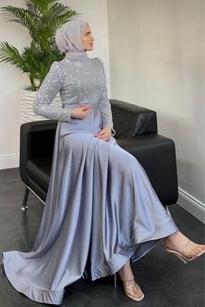 لباس مجلسی حجاب طوسی زنانه یقه ایستاده MERVEN AKYÜZ - کد 902814457