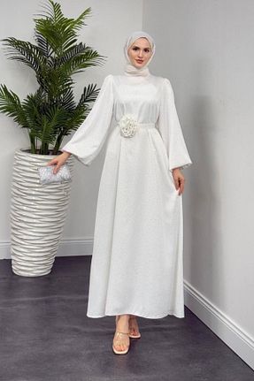 لباس مجلسی حجاب سفید زنانه یقه ایستاده MERVEN AKYÜZ - کد 902817407