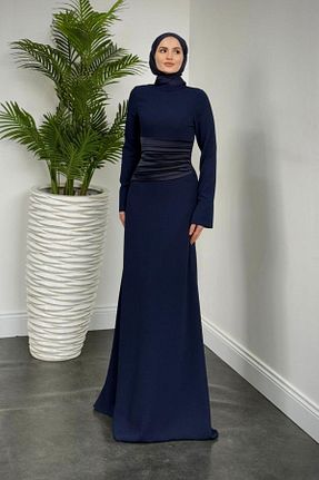 لباس مجلسی حجاب سرمه ای زنانه یقه ماهیگیر MERVEN AKYÜZ - کد 902813910