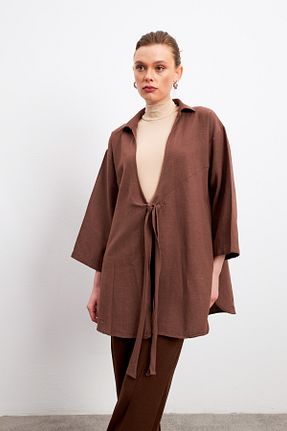 کیمونو و کافتان قهوه ای زنانه مخلوط کتان Yefrastore - کد 901831152