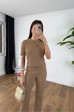 ست بالاتنه و پائین تنه بژ زنانه بافت OKULCUBABA - کد 901886247