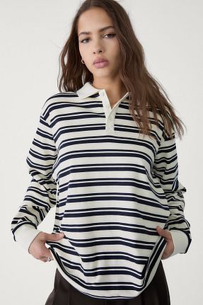 تیشرت سرمه ای زنانه اورسایز Stradivarius - کد 902032341