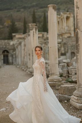لباس عروس سفید زنانه یقه قلبی Mediha Cambaz - کد 898521464