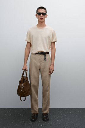 تیشرت بژ مردانه یقه دوچرخه Massimo Dutti - کد 902811319