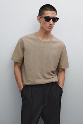 تیشرت بژ مردانه یقه دوچرخه Massimo Dutti - کد 902811404