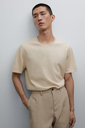تیشرت بژ مردانه یقه دوچرخه Massimo Dutti - کد 902811319