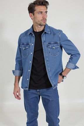 پیراهن آبی مردانه یقه پیراهنی ENZİM JEANS - کد 901354983