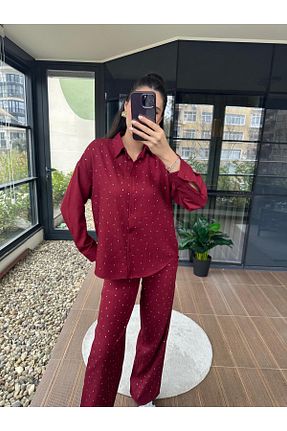 ست بالاتنه و پائین تنه زرشکی زنانه بافتنی Mzr Collection - کد 901381072