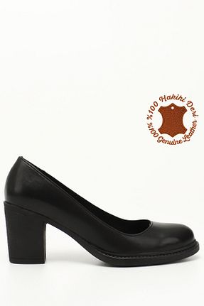 کفش پاشنه بلند کلاسیک مشکی زنانه چرم خالص GÖNDERİ(R) - کد 902971919