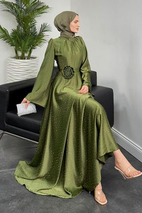 لباس مجلسی حجاب خاکی زنانه یقه ایستاده MERVEN AKYÜZ - کد 902814018