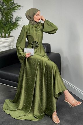 لباس مجلسی حجاب خاکی زنانه یقه ایستاده MERVEN AKYÜZ - کد 902814018
