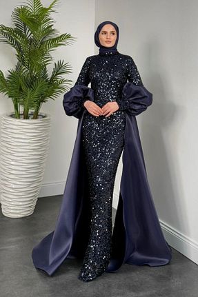 لباس مجلسی حجاب سرمه ای زنانه یقه ایستاده MERVEN AKYÜZ - کد 902814257