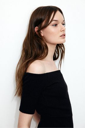 تیشرت مشکی زنانه یقه پهن H&M - کد 901791905