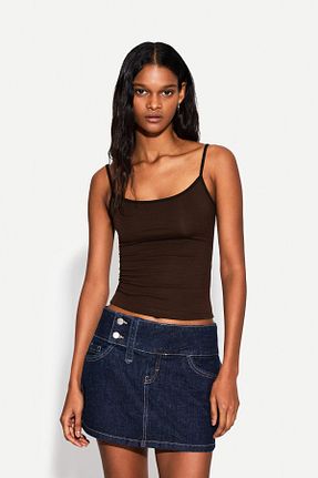 تیشرت قهوه ای زنانه یقه دگاژه Bershka - کد 919767633