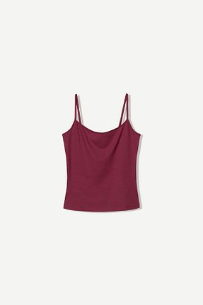 تیشرت زرشکی زنانه یقه دگاژه Bershka - کد 919767460